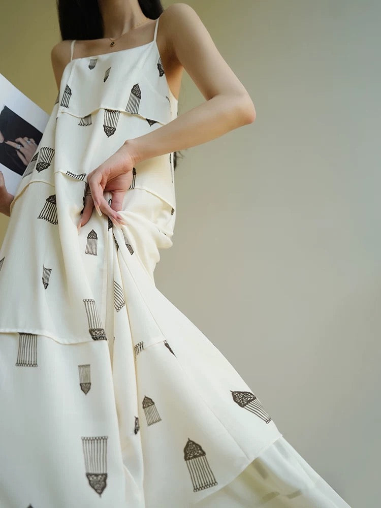 Aconiconi｜Ling French retro niche design seaside vacation loose romantic suspender long dress