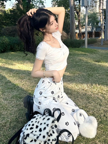 American retro casual pants for women in spring with all-over dog-foot print, straight-leg pants, loose and slimming, white wide-leg pants