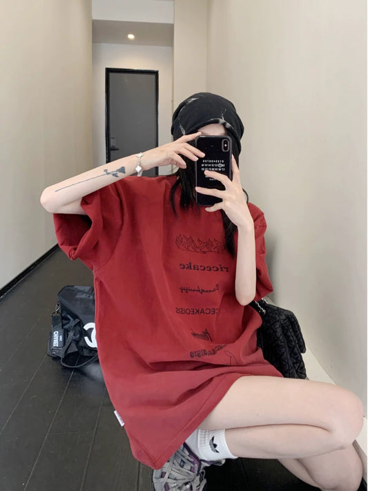 Waste wood chic summer new niche old gradient 300G pure cotton T-shirt loose retro letter short-sleeved women's trend