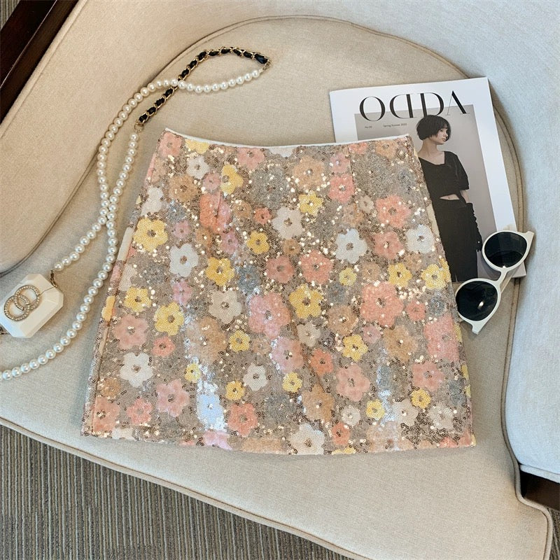 Hot girl heavy flower sequined skirt female summer small fragrance style A-line short skirt temperament high waist slim hip skirt