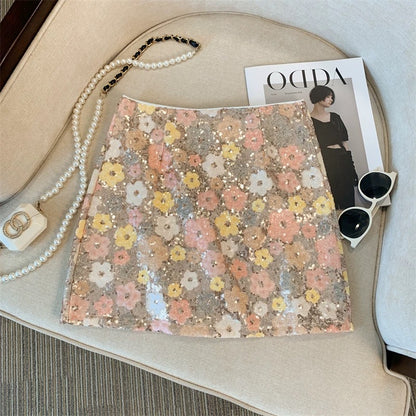 Hot girl heavy flower sequined skirt female summer small fragrance style A-line short skirt temperament high waist slim hip skirt