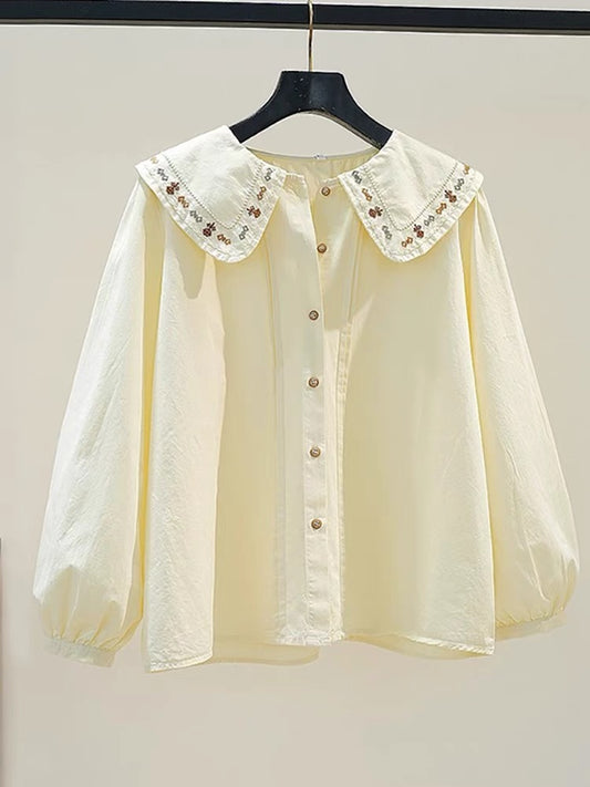 Recommended for self-retention ~ Spring and Autumn French embroidered doll collar long-sleeved shirt for women, stylish and age-reducing chic tops