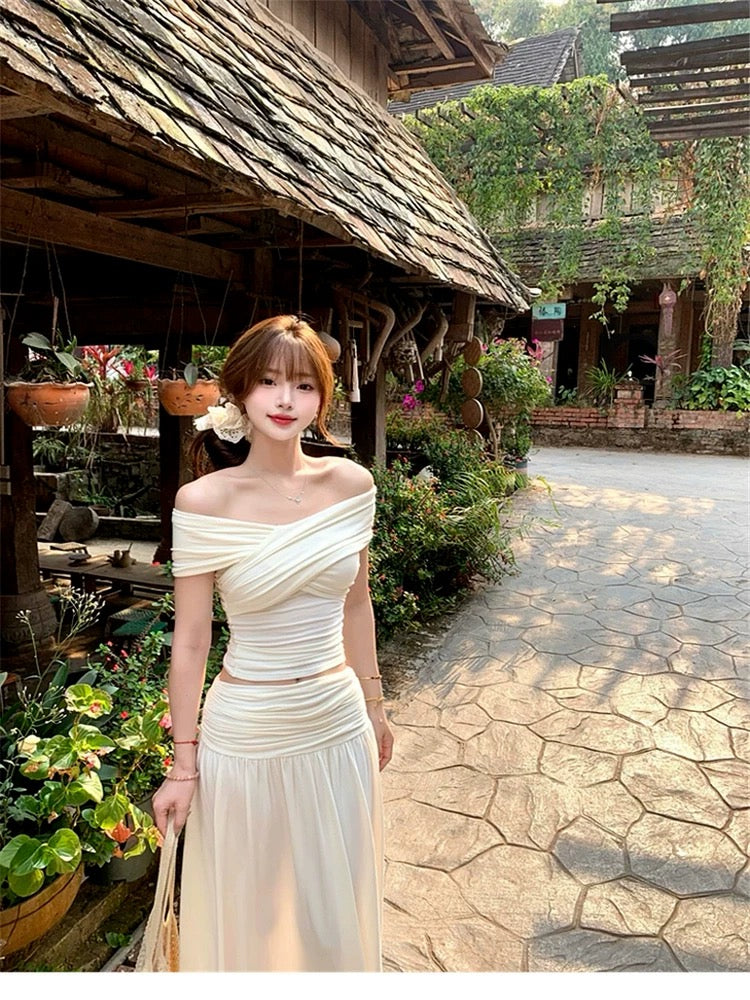 French summer beautiful one-shoulder off-shoulder top skirt suit female design temperament long skirt two-piece suit