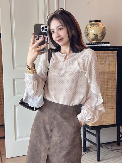PINZIKO Women's French-Style Polka-Dot Ruffled Blouse – Autumn Soft-Style Crew Neck, Loose & Slimming Long-Sleeve Top