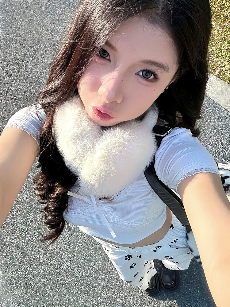 American retro casual pants for women in spring with all-over dog-foot print, straight-leg pants, loose and slimming, white wide-leg pants