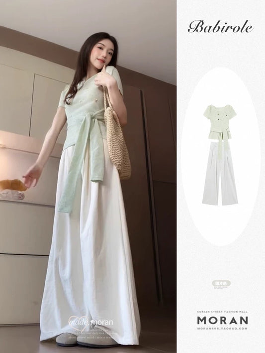 2025 Summer Beautiful Outfits A Complete Set of Korean Design Niche Short-sleeved Tops Wide-leg Pants Two-piece Suit for Women