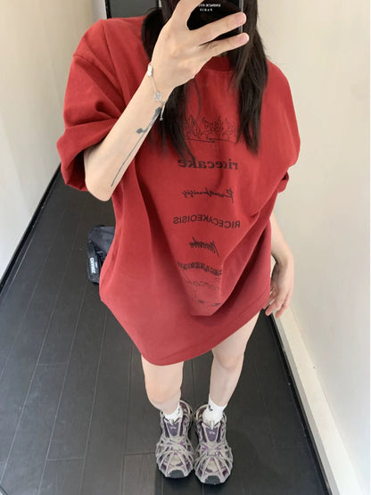 Waste wood chic summer new niche old gradient 300G pure cotton T-shirt loose retro letter short-sleeved women's trend