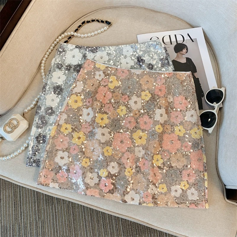 Hot girl heavy flower sequined skirt female summer small fragrance style A-line short skirt temperament high waist slim hip skirt