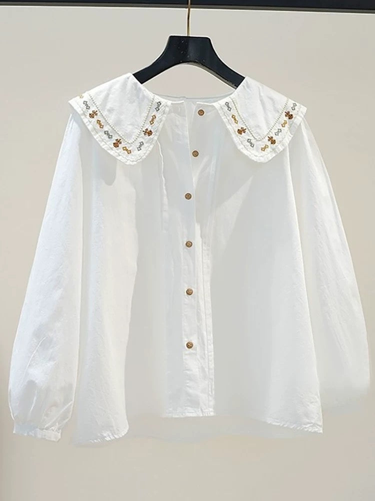 Recommended for self-retention ~ Spring and Autumn French embroidered doll collar long-sleeved shirt for women, stylish and age-reducing chic tops