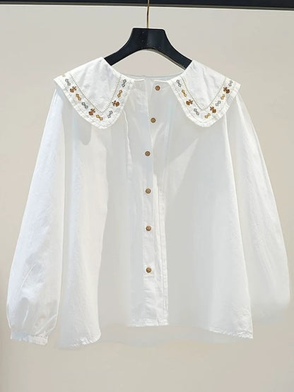 Recommended for self-retention ~ Spring and Autumn French embroidered doll collar long-sleeved shirt for women, stylish and age-reducing chic tops