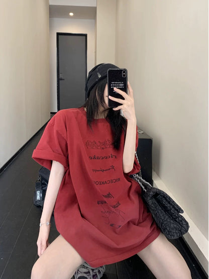 Waste wood chic summer new niche old gradient 300G pure cotton T-shirt loose retro letter short-sleeved women's trend