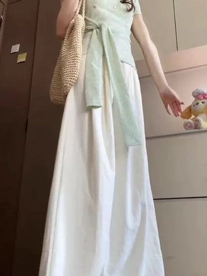 2025 Summer Beautiful Outfits A Complete Set of Korean Design Niche Short-sleeved Tops Wide-leg Pants Two-piece Suit for Women