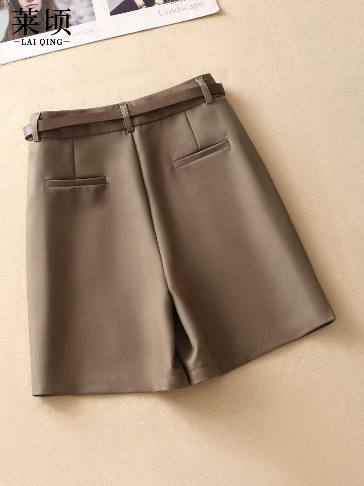 Khaki suit five-quarter pants women's shorts 2024 summer new slim and versatile high-waisted thin wide-leg A-line pants
