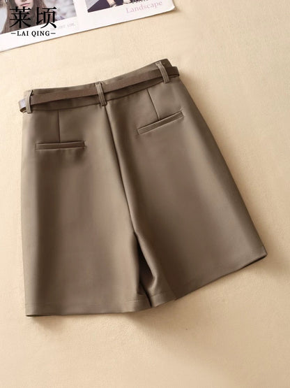 Khaki suit five-quarter pants women's shorts 2024 summer new slim and versatile high-waisted thin wide-leg A-line pants