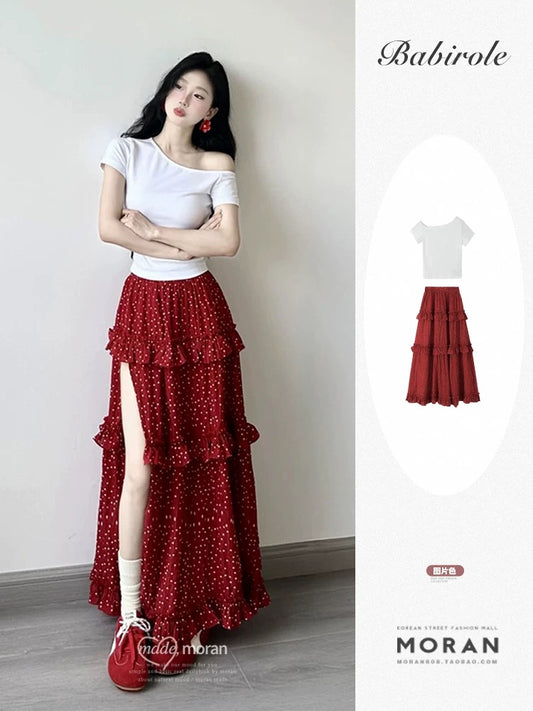 French retro red polka dot split skirt women's high waist lace sweet long skirt T-shirt top summer suit