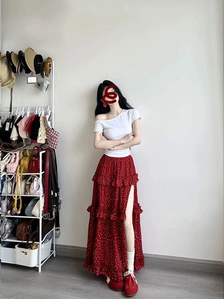 French retro red polka dot split skirt women's high waist lace sweet long skirt T-shirt top summer suit