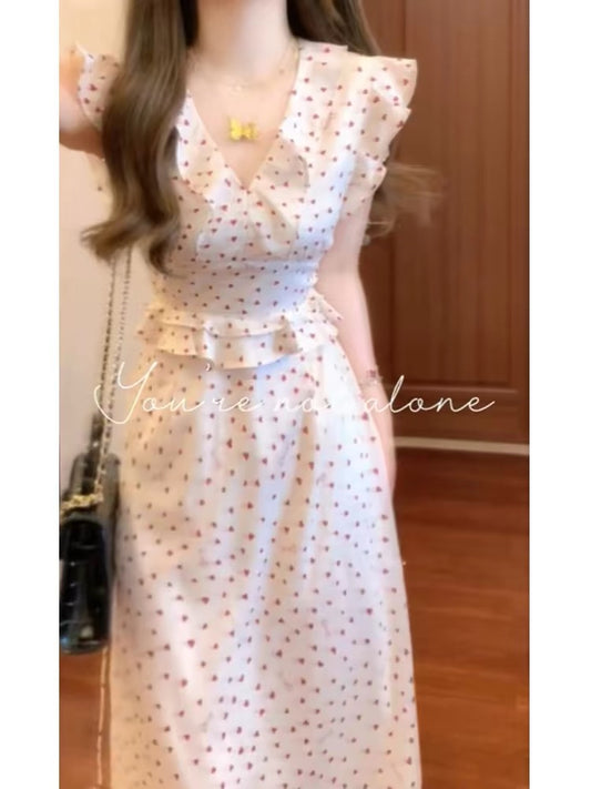 French-style V-neck polka dot dress for women, summer style, fresh, sweet, elegant, long dress, waist-cinching, slimming, gentle style.