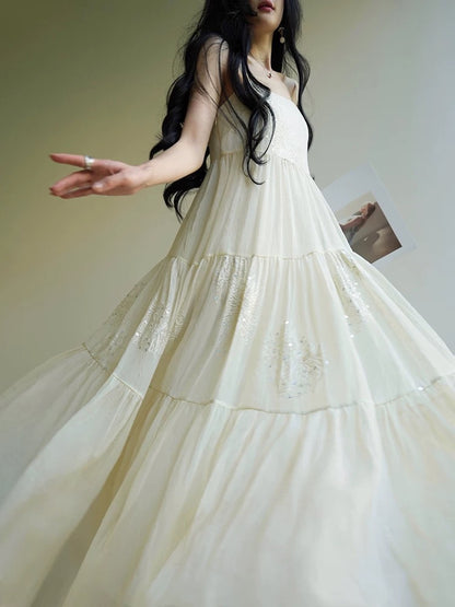 Aconiconi｜Silk Language French romantic heavy beaded embroidery fairy atmosphere sling big swing holiday dress