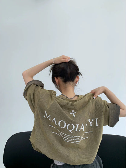 Waste wood summer design sense couple distressed T-shirt loose American heavy industry distressed sunset print short-sleeved women's and men's trendy