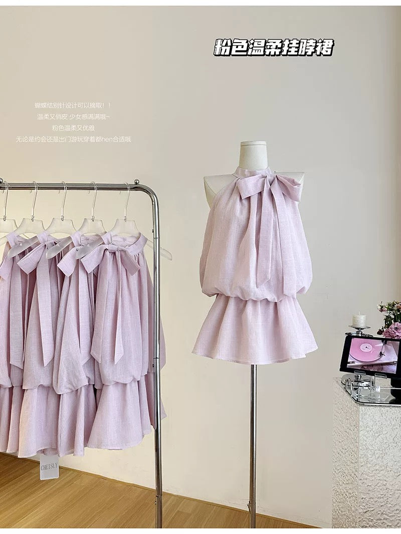 Duolaimei pink gentle halterneck sleeveless dress, feminine and slimming long skirt