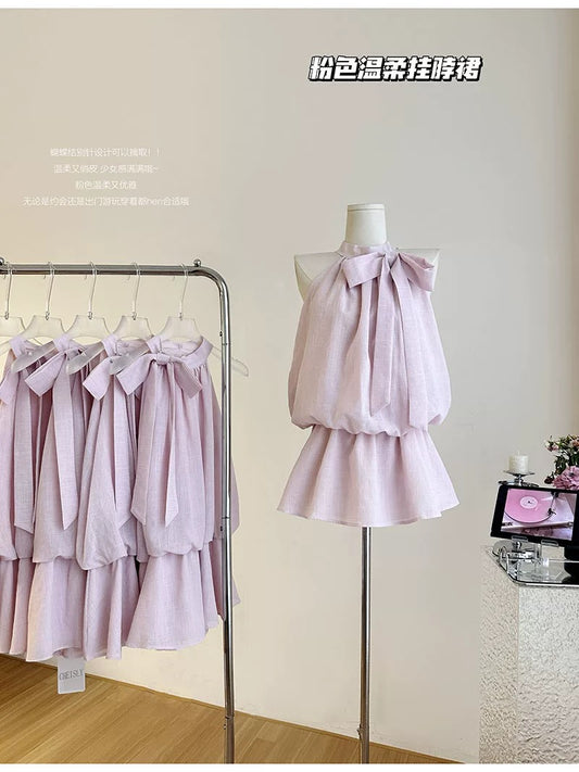 Duolaimei pink gentle halterneck sleeveless dress, feminine and slimming long skirt