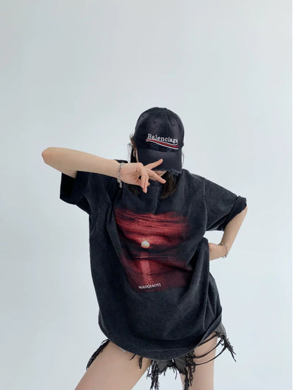 Waste wood summer design sense couple distressed T-shirt loose American heavy industry distressed sunset print short-sleeved women's and men's trendy