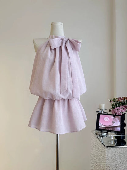 Duolaimei pink gentle halterneck sleeveless dress, feminine and slimming long skirt