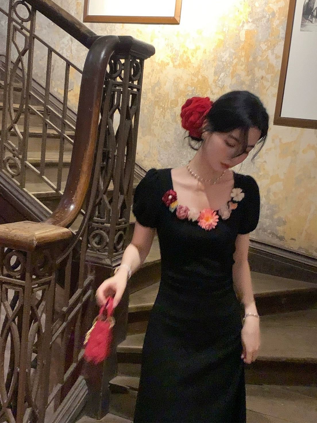 Auntie Lu and Uncle Zhuo ◆"Ballet" French retro summer feminine knitted black dress