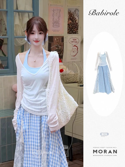 Pure summer outfit suit for women, unique and beautiful long-sleeved T-shirt, blue halter neck vest, skirt, three-piece suit