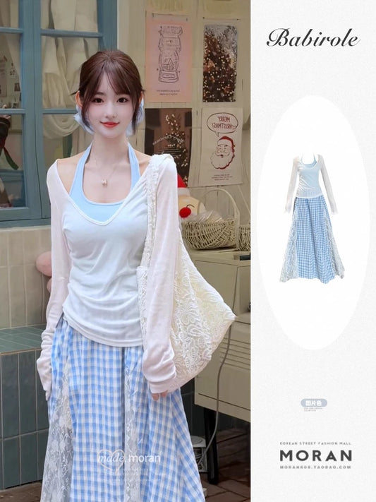 Pure summer outfit suit for women, unique and beautiful long-sleeved T-shirt, blue halter neck vest, skirt, three-piece suit