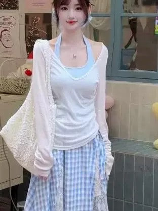 Pure summer outfit suit for women, unique and beautiful long-sleeved T-shirt, blue halter neck vest, skirt, three-piece suit