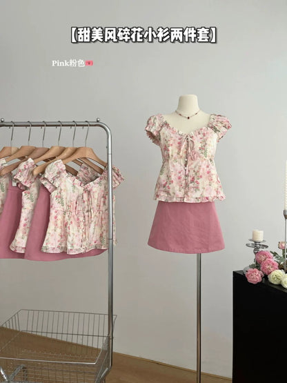 Sweet and gentle style now designed floral slimming top summer new high waist skirt two-piece set for women