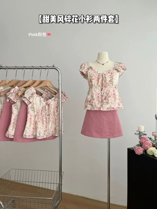Sweet and gentle style now designed floral slimming top summer new high waist skirt two-piece set for women