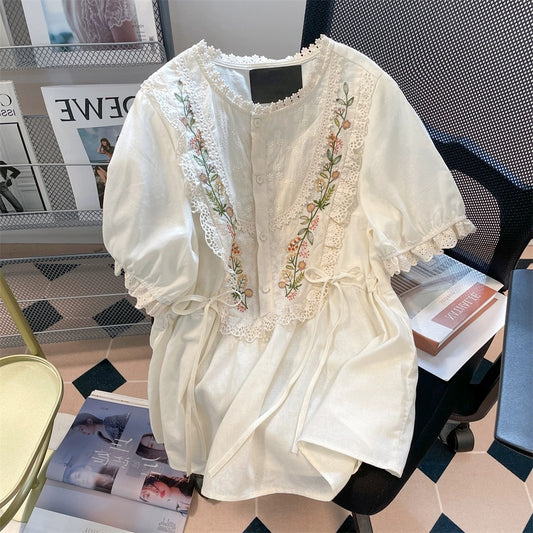 French sweet palace style lace embroidered shirts for men and women in summer niche chic puff sleeve waist tops