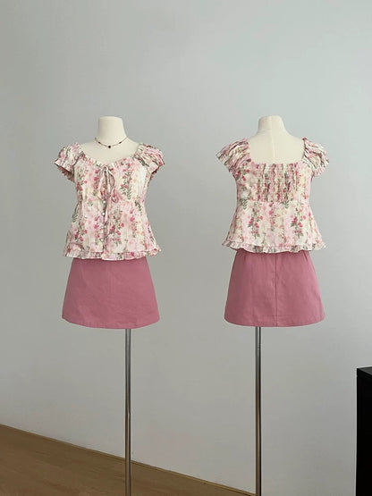 Sweet and gentle style now designed floral slimming top summer new high waist skirt two-piece set for women