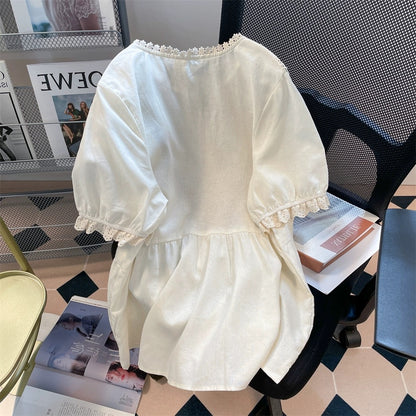 French sweet palace style lace embroidered shirts for men and women in summer niche chic puff sleeve waist tops