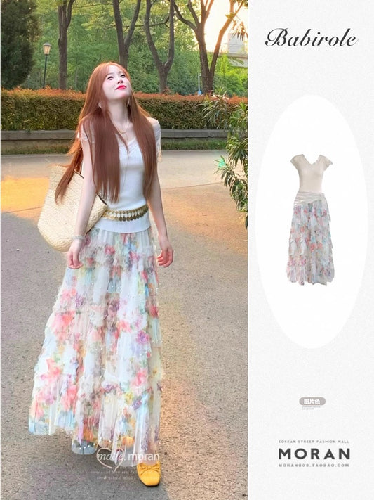 French gentle floral skirt female summer beautiful outfit a complete set of tops cake long skirt two-piece suit