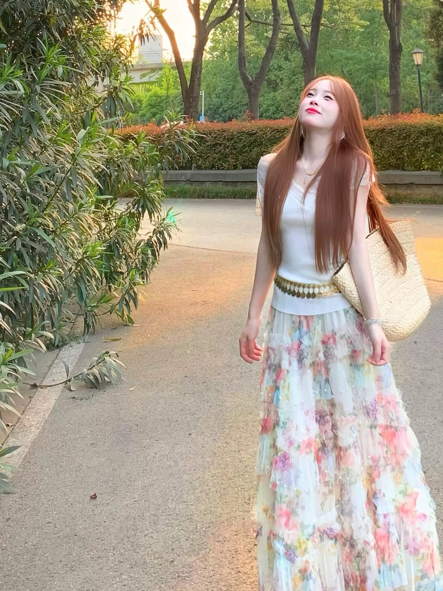 French gentle floral skirt female summer beautiful outfit a complete set of tops cake long skirt two-piece suit