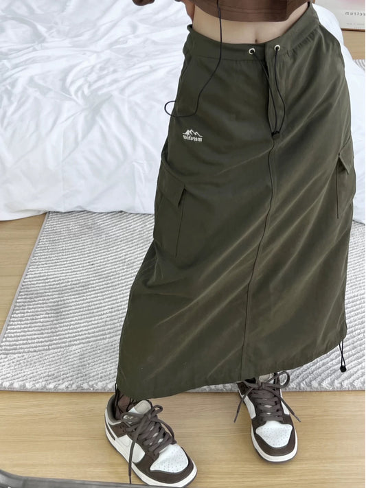 Waste Chai New American Retro Design Drawstring Skirt Loose Embroidered Thin Hot Girl Workwear Long Skirt Women's Trendy