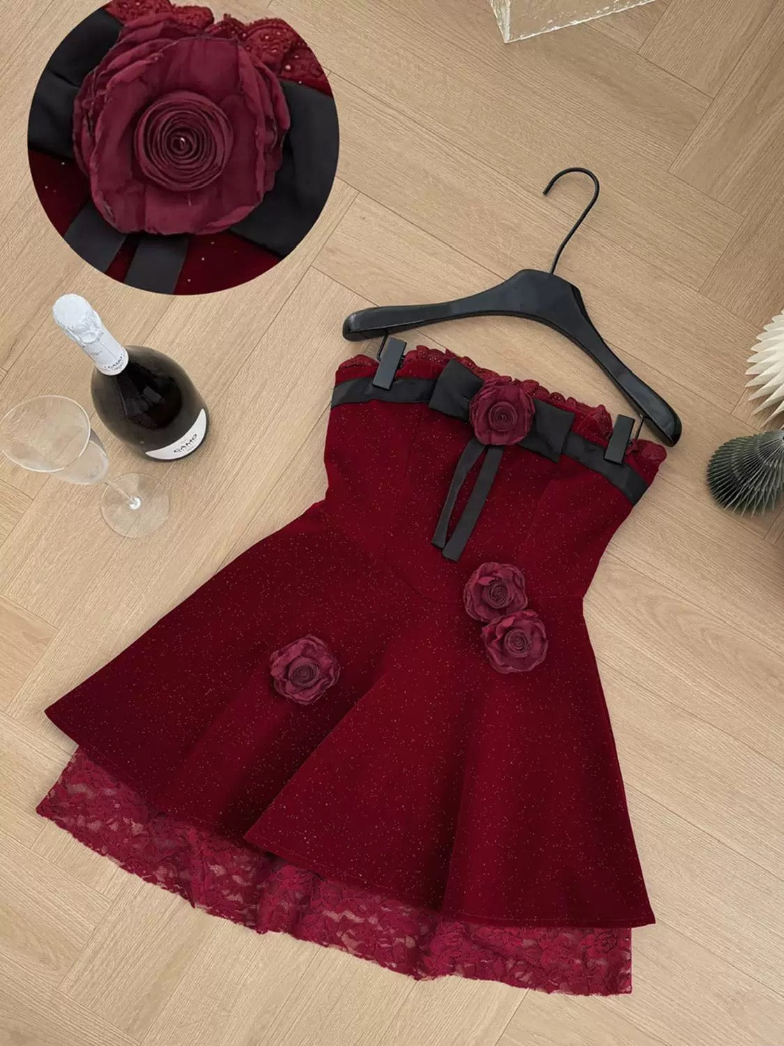 Duolaimei high-end Christmas shirt French lace dress for women autumn and winter pure lust style one-shoulder short skirt for women