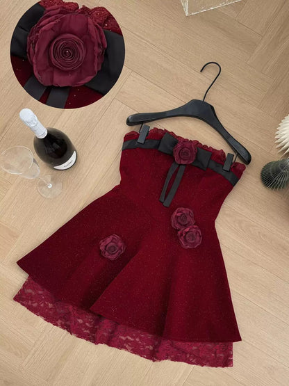 Duolaimei high-end Christmas shirt French lace dress for women autumn and winter pure lust style one-shoulder short skirt for women