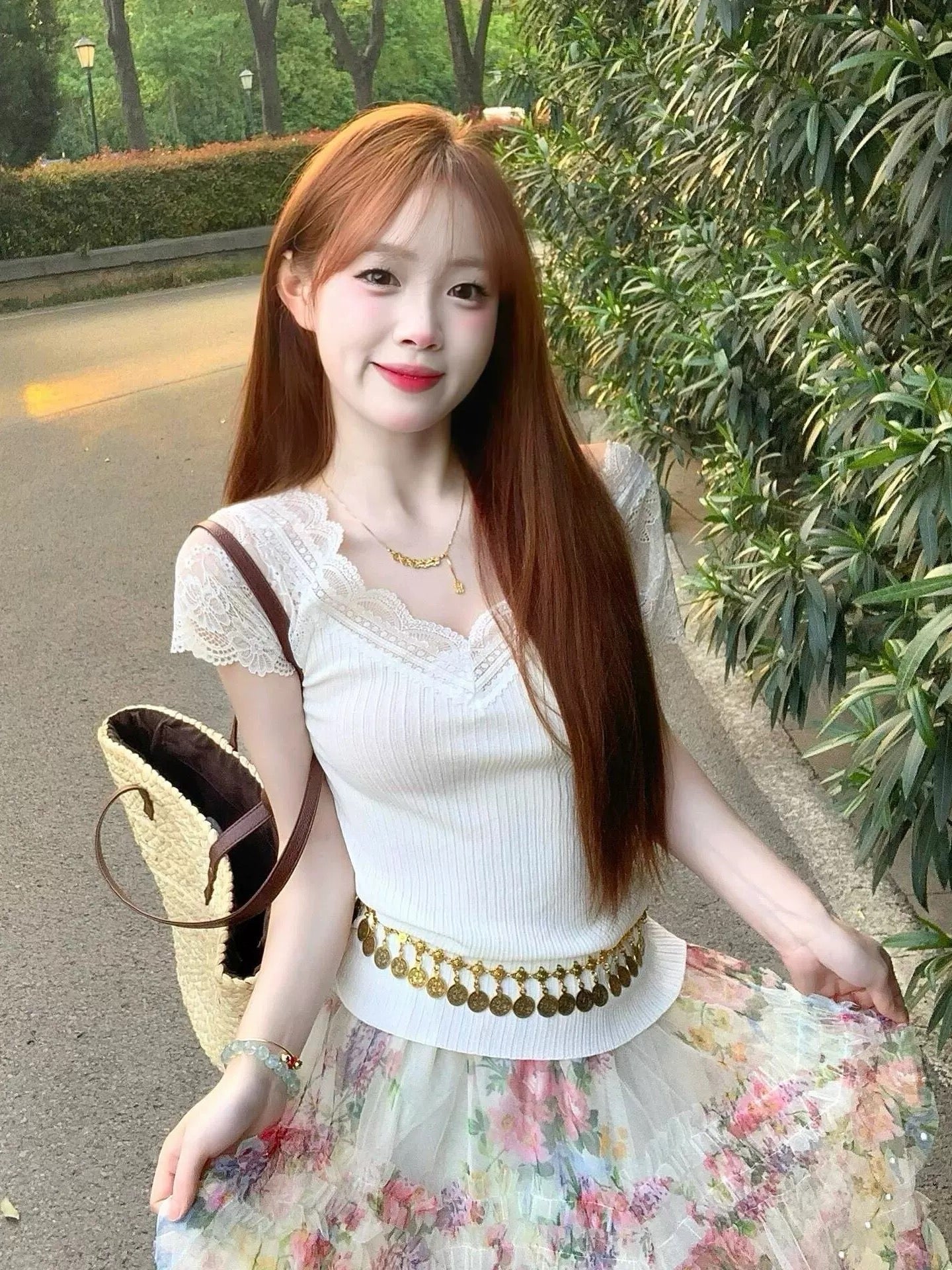 French gentle floral skirt female summer beautiful outfit a complete set of tops cake long skirt two-piece suit