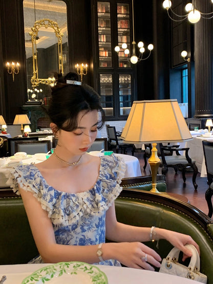 Auntie Lu and Uncle Zhuo "Summer Blueberry" French Fly Sleeve Summer Floral Dress Women's Long Style