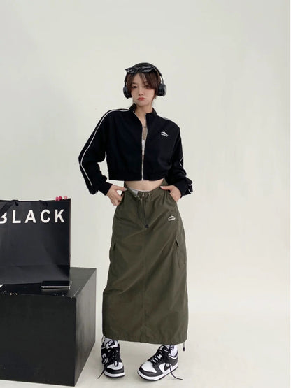 Waste Chai New American Retro Design Drawstring Skirt Loose Embroidered Thin Hot Girl Workwear Long Skirt Women's Trendy