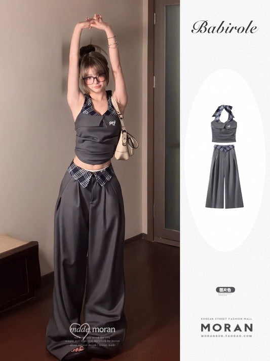 American retro hottie niche plaid camisole vest for women summer pure desire halter neck top plaid casual pants suit