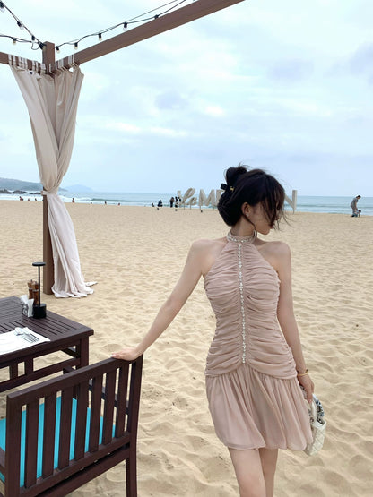 OKMA halter neck dress for women summer chiffon design pleated waist slimming sexy pure lust temperament skirt