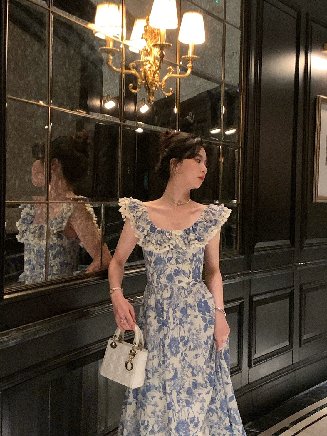 Auntie Lu and Uncle Zhuo "Summer Blueberry" French Fly Sleeve Summer Floral Dress Women's Long Style