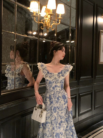 Auntie Lu and Uncle Zhuo "Summer Blueberry" French Fly Sleeve Summer Floral Dress Women's Long Style