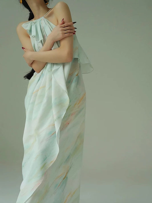 Aconiconi｜Clear Lotus and Drizzle French Monet Oil Painting Holiday Style Aesthetic Atmosphere Slipper Maxi Dress