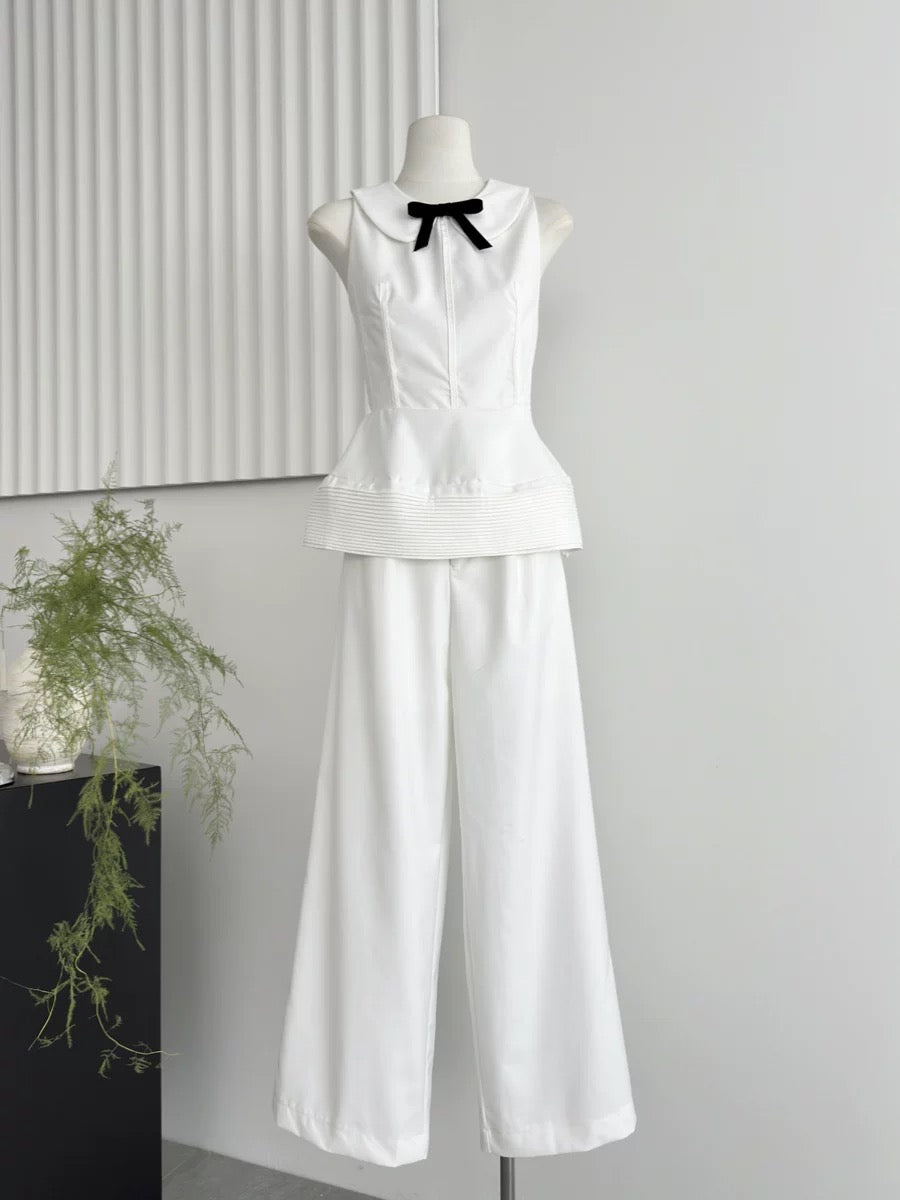 Doleme 2024 Summer Fashion Outfit French White Sleeveless Waist Top Wide Leg Casual Pants